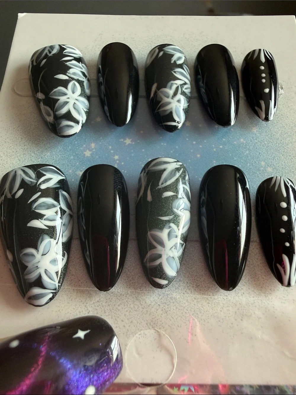 Black Stiletto Press-On Nails with White Floral Design
